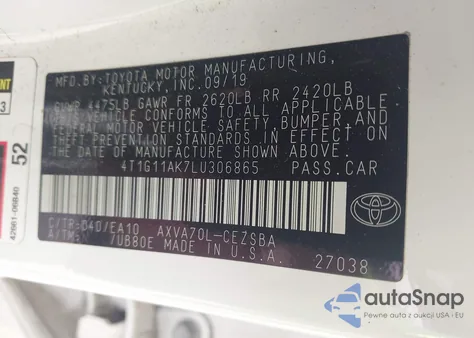 2020 Toyota Camry Se z USA, uszkodzony, nr VIN 4T1G11AK7LU306865